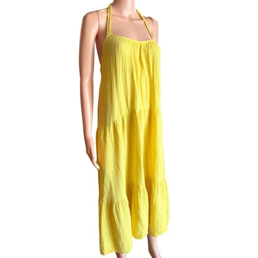 Xirena Reagan Dress Medium Yellow Limon Cotton Gauze Halter Midi Tiered Summer - Picture 5 of 8